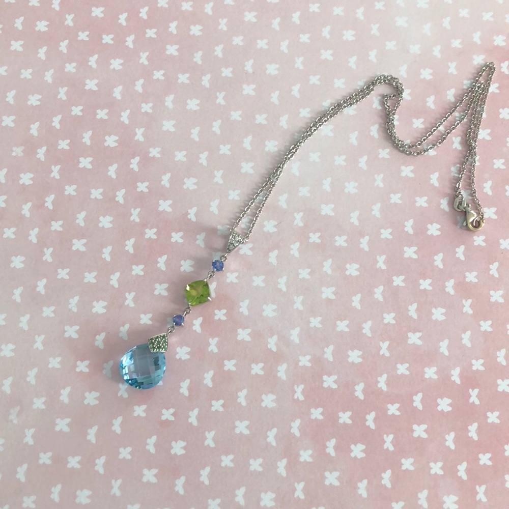 14k white gold necklace, removable pendant, multi-stone